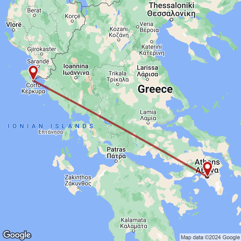Route for Athens, Corfu tour